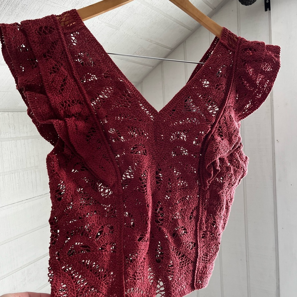 White House Black Market Deep Red Lace Crochet Top